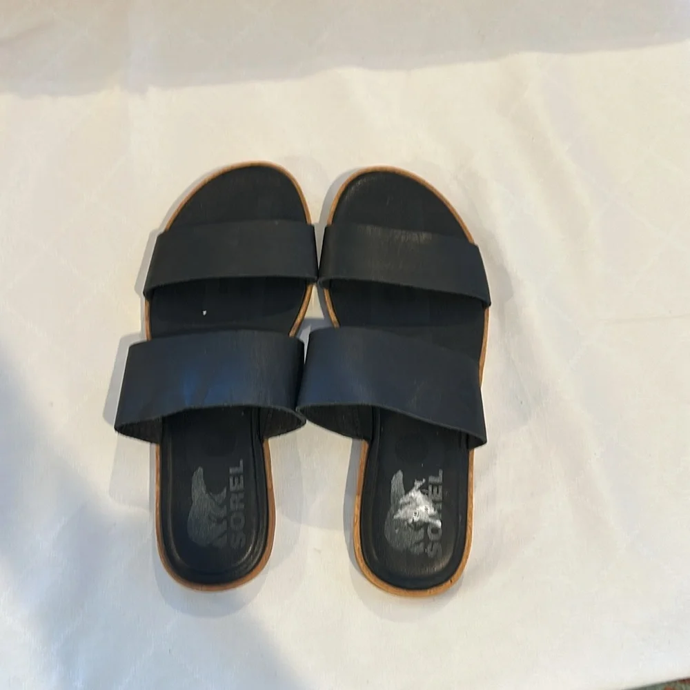 Sorel Women's Ella II‎ Slide Sandals sandal black leather size 6 EUC